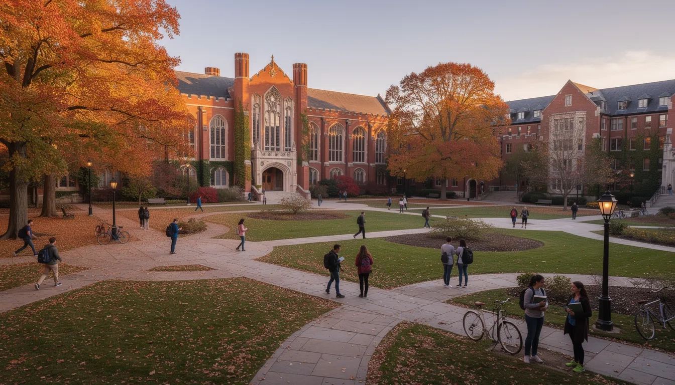 College campus quad with students walking between academic buildings