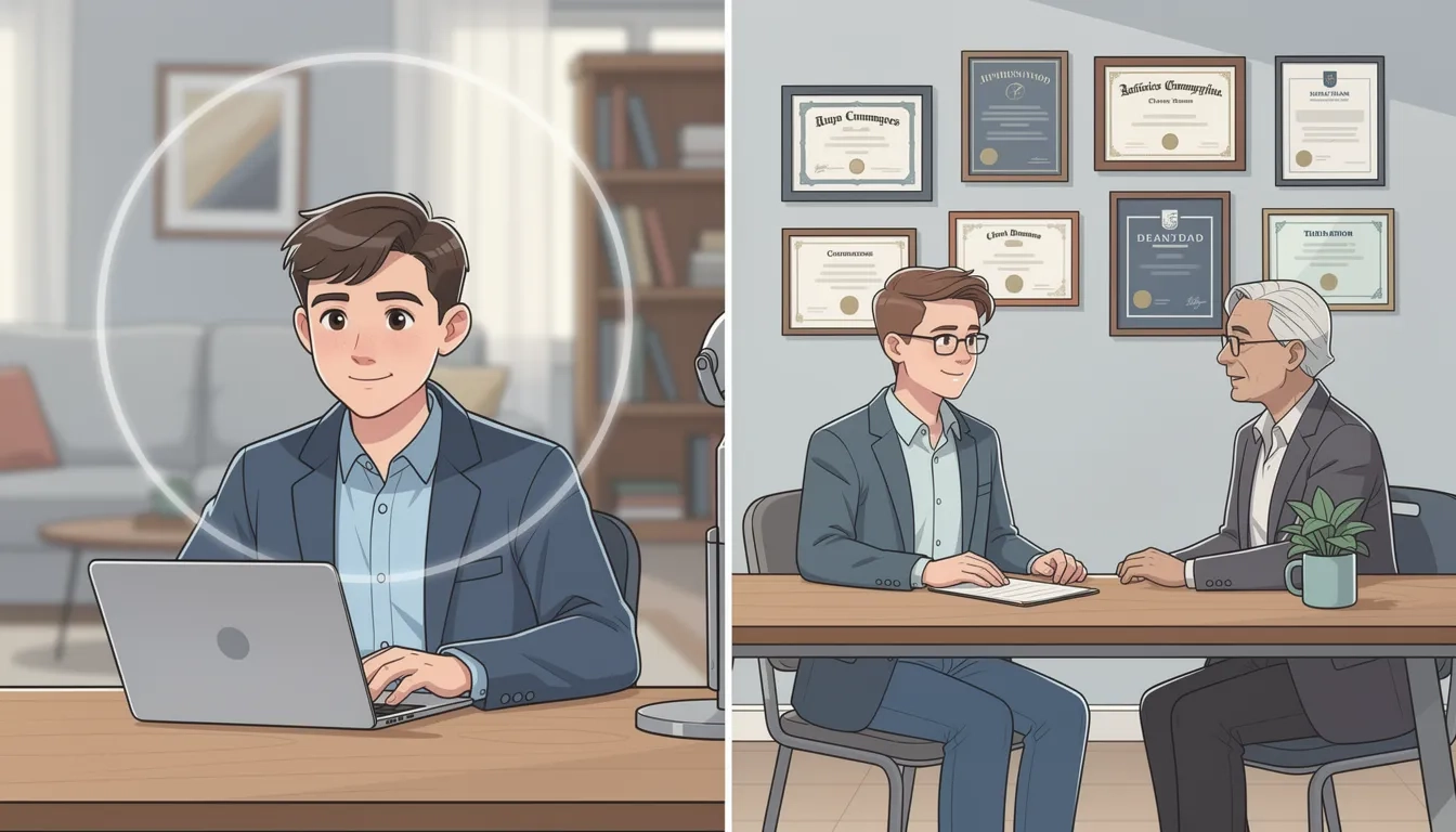 Side-by-side illustration of virtual and in-person college interview formats