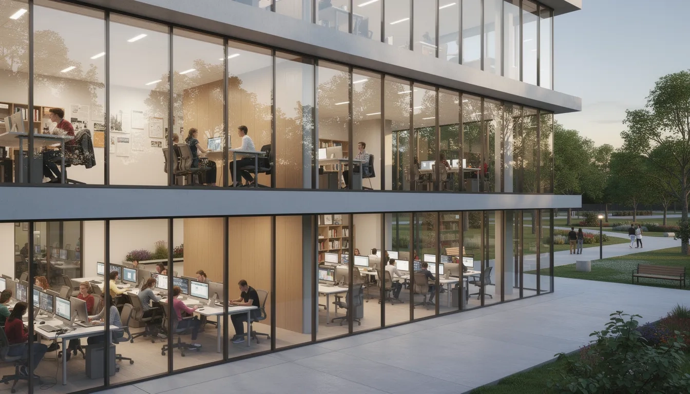 Modern university AI research building with students working inside