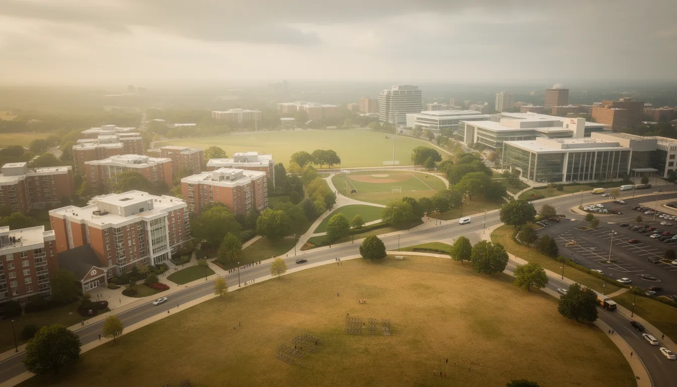 Aerial view of a large university campus on a hazy summer day, showing dormitories, academic buildings, green lawns, and parking lots under a washed-out sky