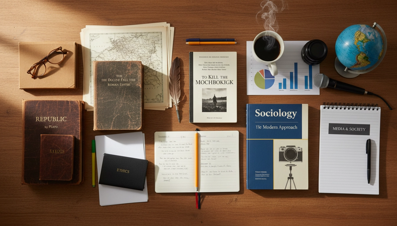 Books and materials representing the breadth of liberal arts disciplines