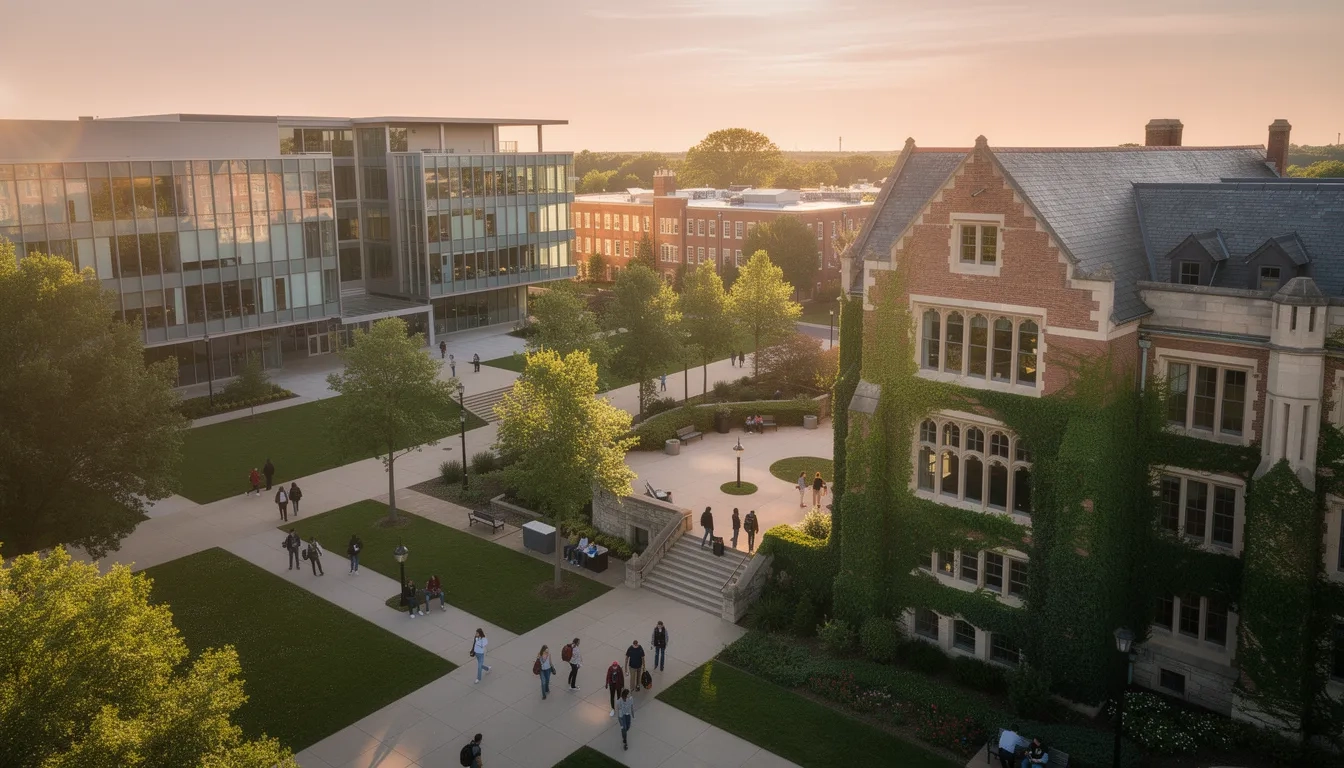Aerial view of a top engineering management university campus at golden hour