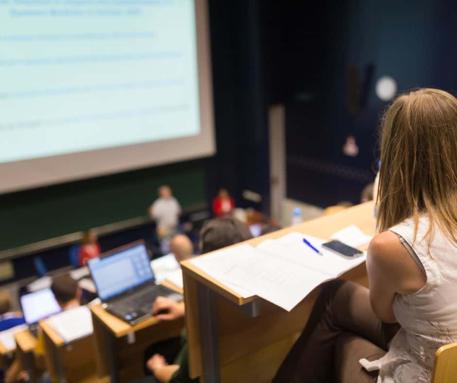 class in a college lecture hall