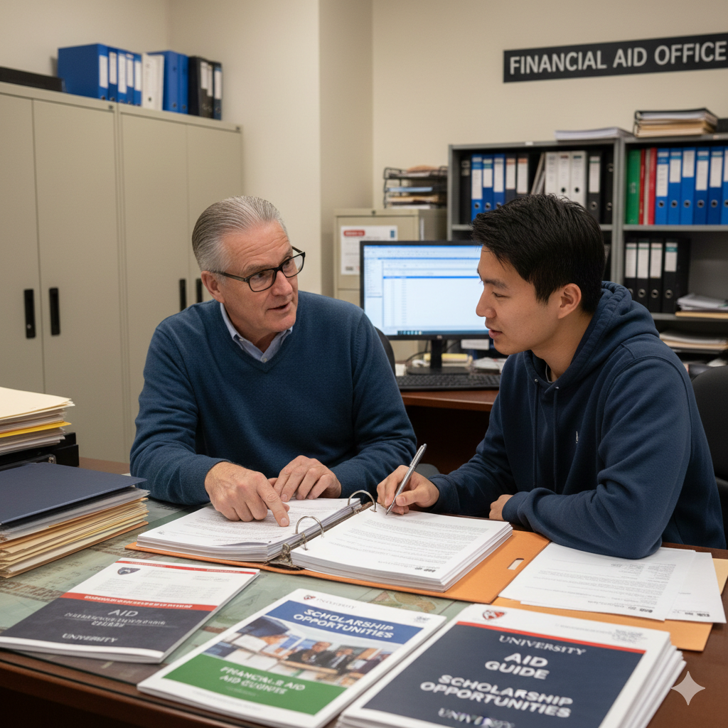 student meeting with their financial aid advisor about scholarship strategies