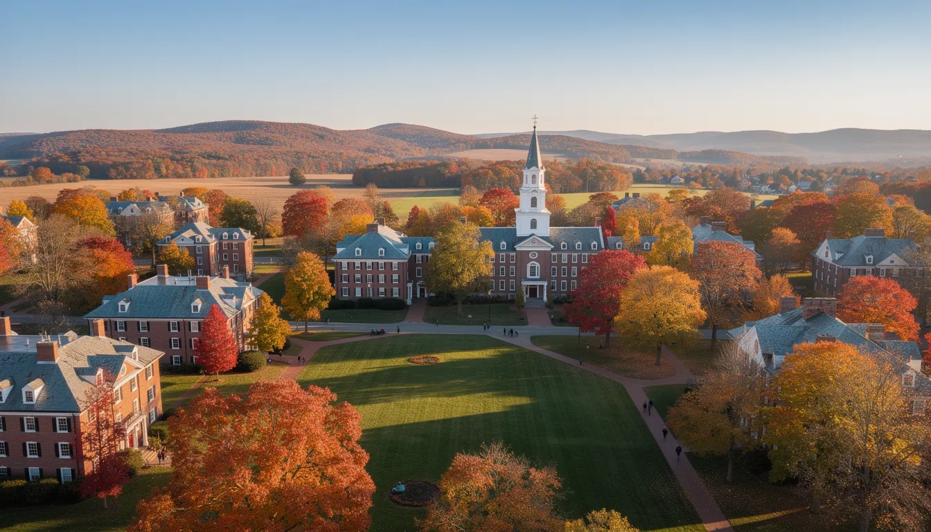 Aerial view of a Vermont college campus in fall foliage season