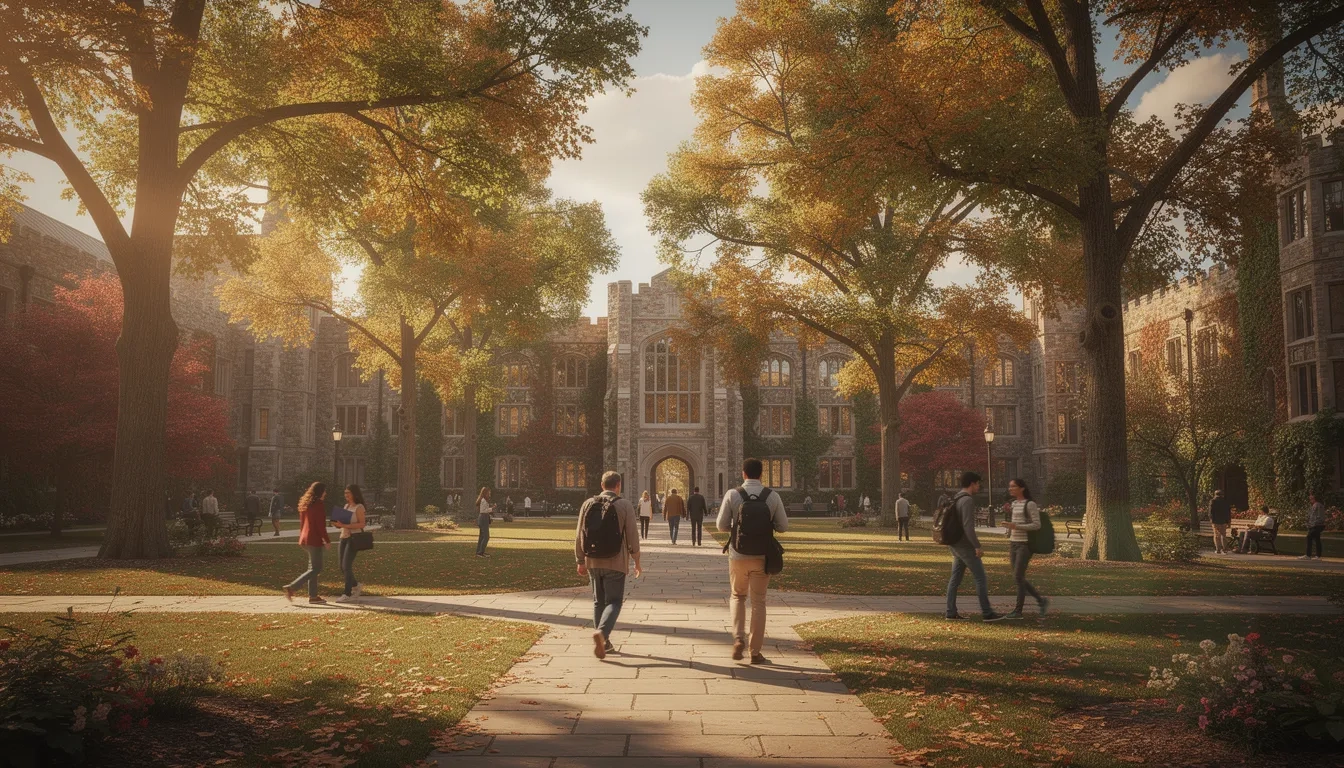 Graduate students walking across a university campus quad in autumn