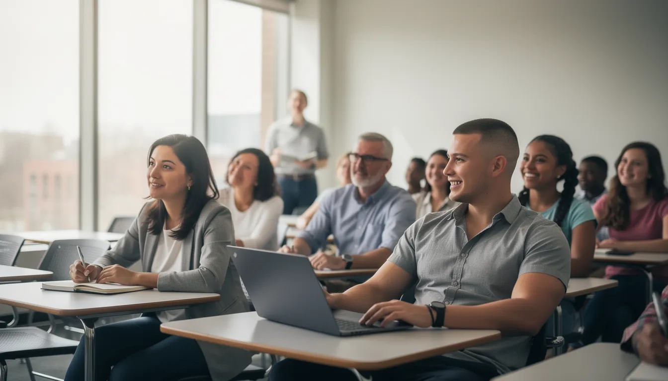 Diverse group of adult and traditional-age students sitting together in a college classroom