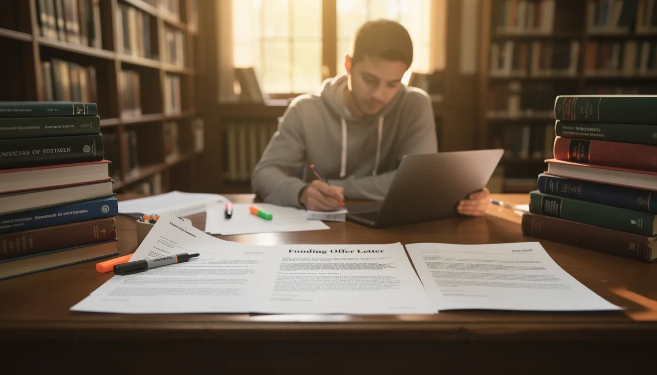 Graduate student carefully reviewing a PhD funding offer letter