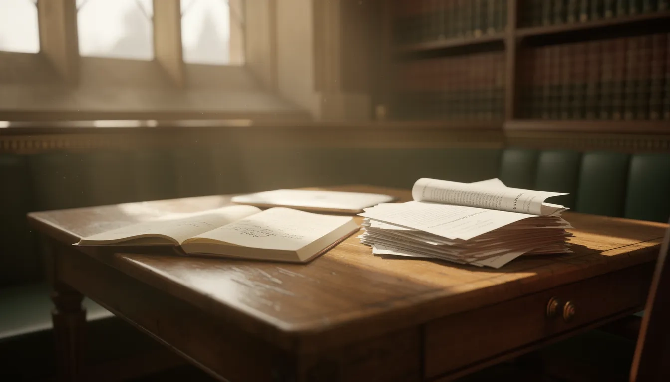 Sunlit library desk with syllabi and notebook representing college research