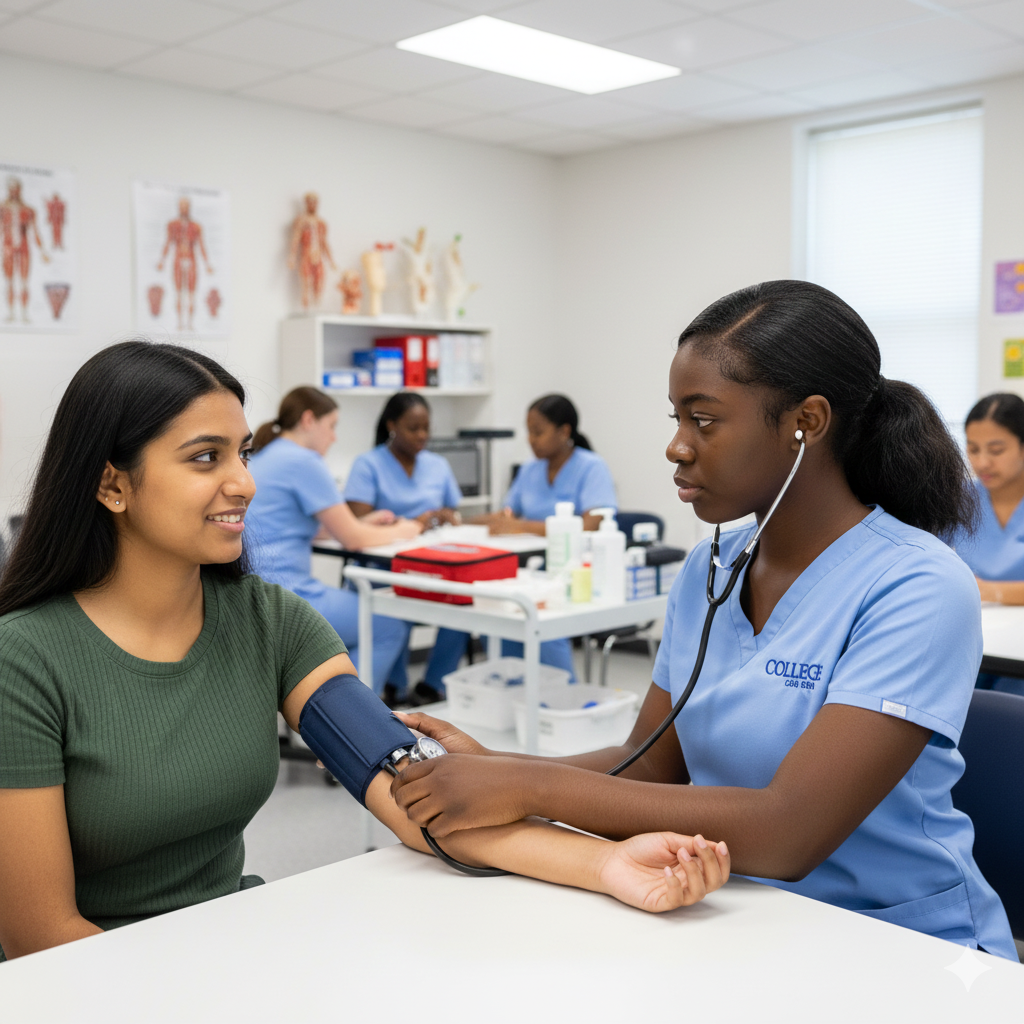 Students training to be medical assistants at a trade school