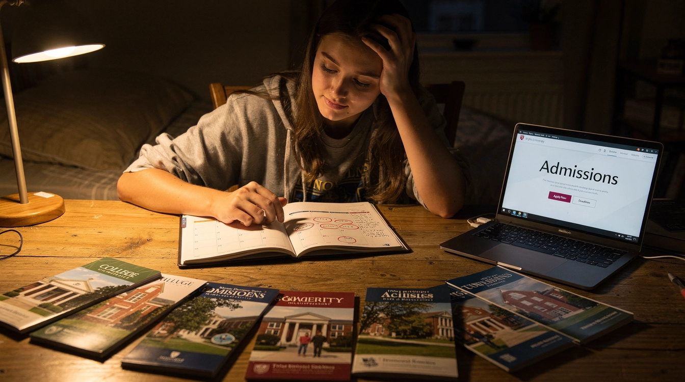 High school student planning college applications with a planner, brochures, and laptop