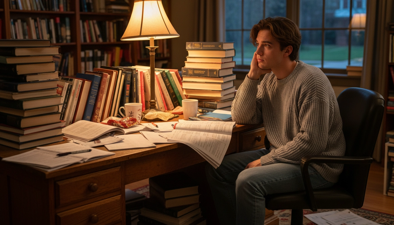 College student reviewing course requirements and academic planning materials