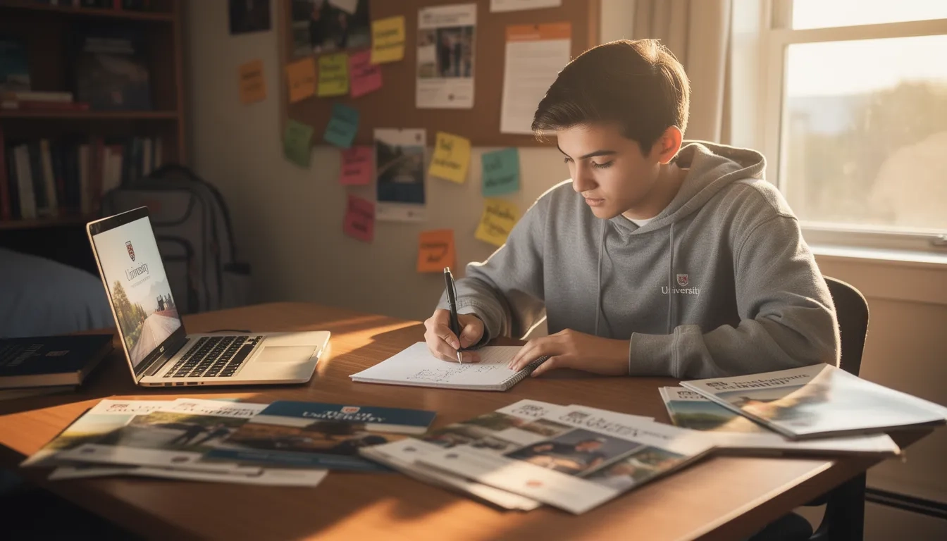 Student writing a college essay at a desk surrounded by college brochures and notes