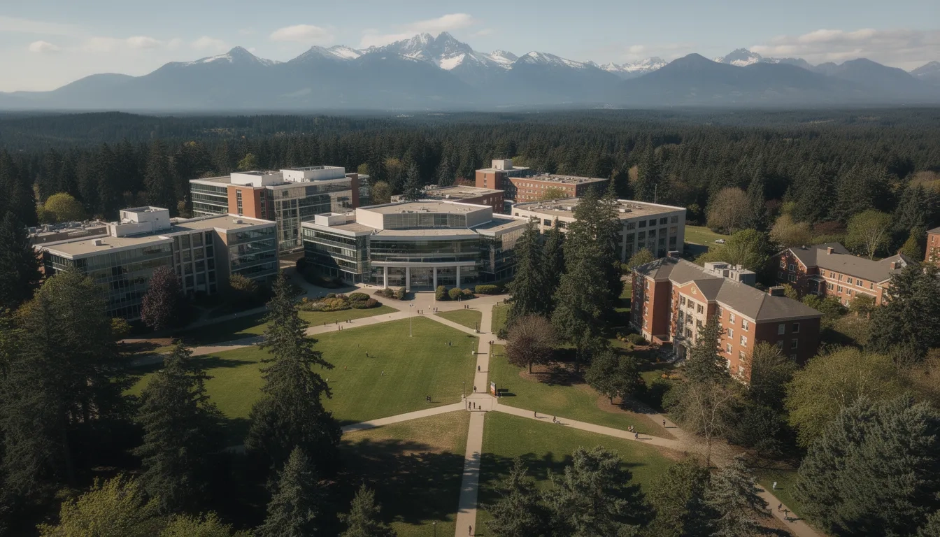 Aerial view of an Oregon college campus surrounded by forests and mountains