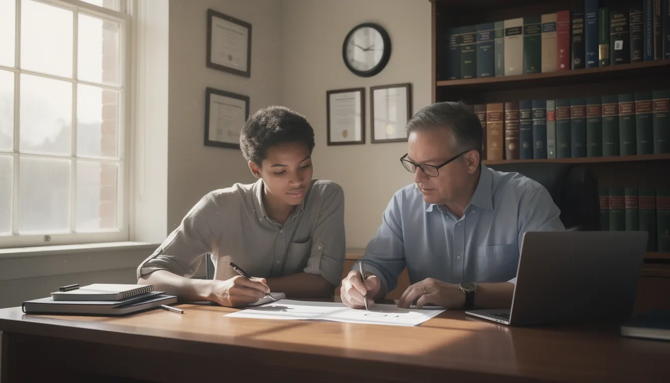 Undergraduate student reviewing research paper with a faculty mentor in a university office