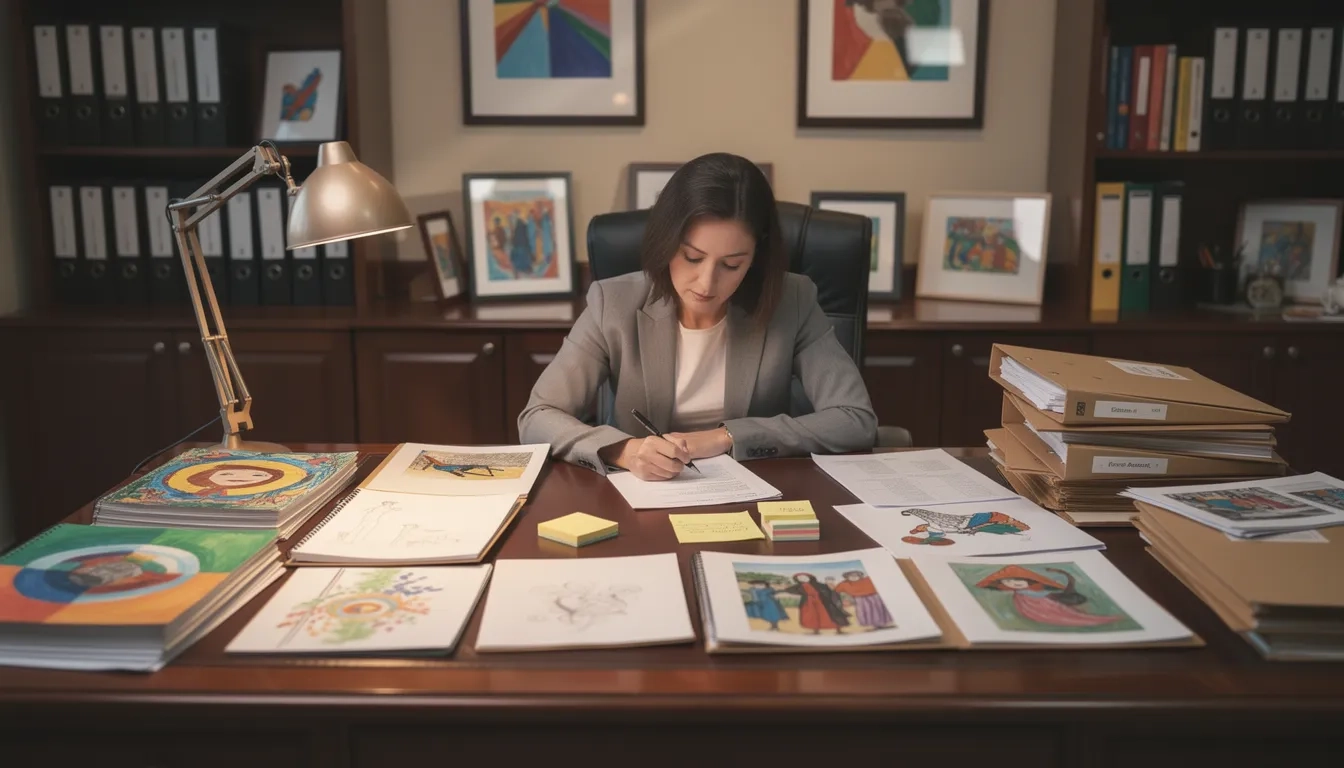 Art school admissions officer reviewing student portfolios at a desk