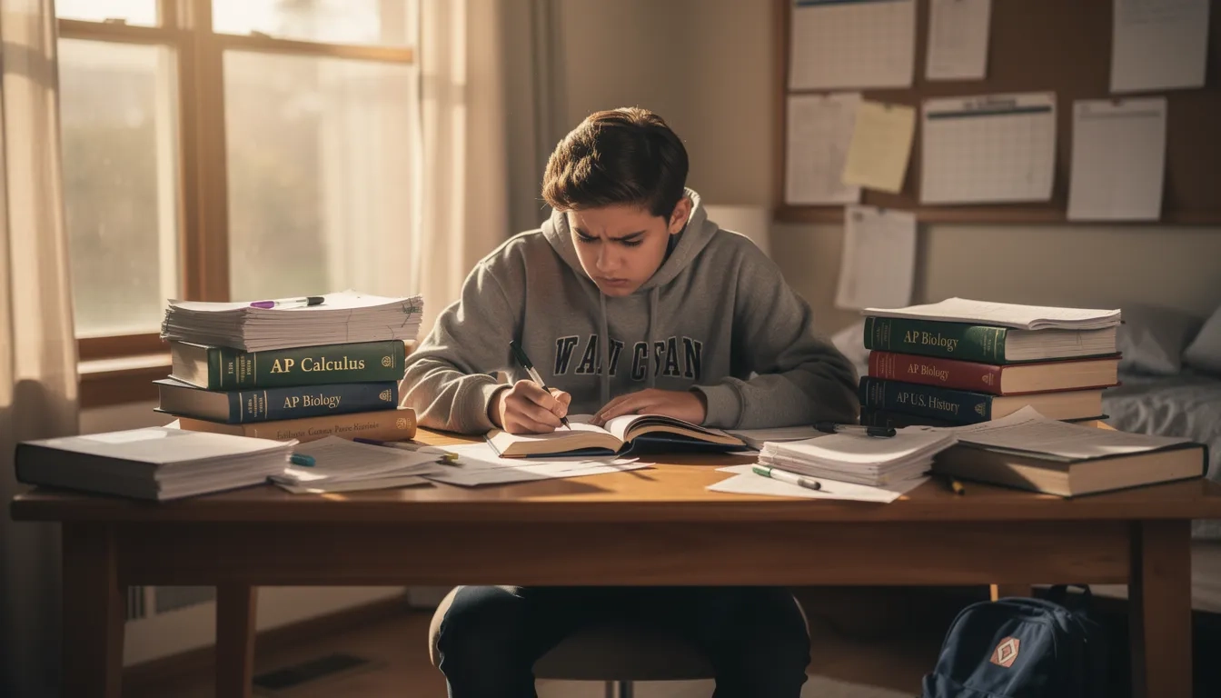 Student reviewing AP class notes at a desk with a determined expression