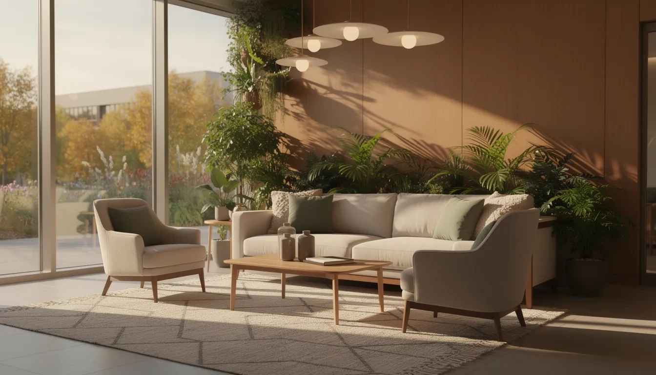 A bright, welcoming campus wellness lounge with natural light, comfortable seating, and plants creating a calm, supportive environment