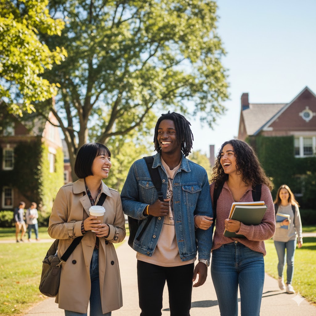happy students walking on college campus