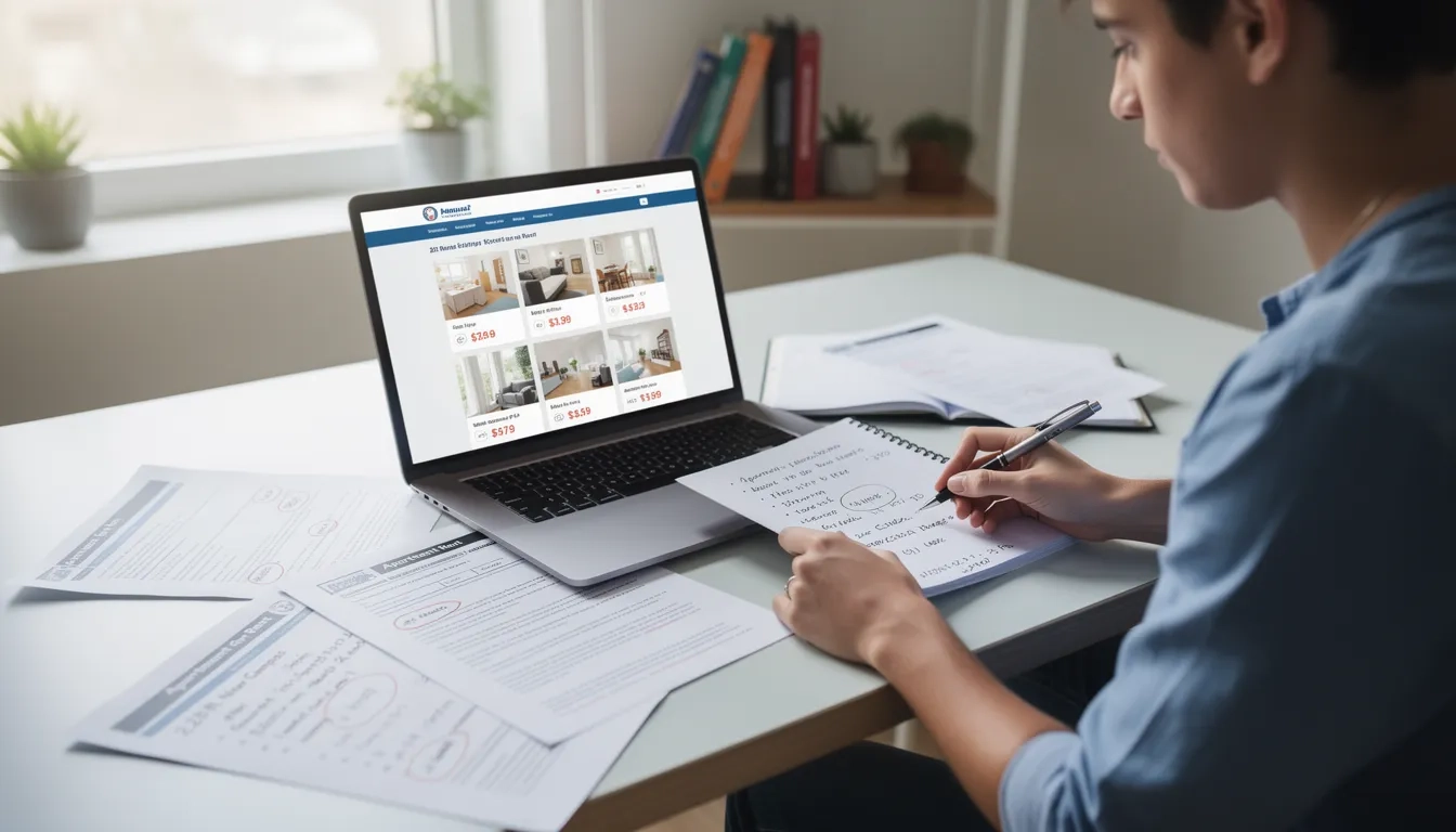 College student researching summer housing options at a desk