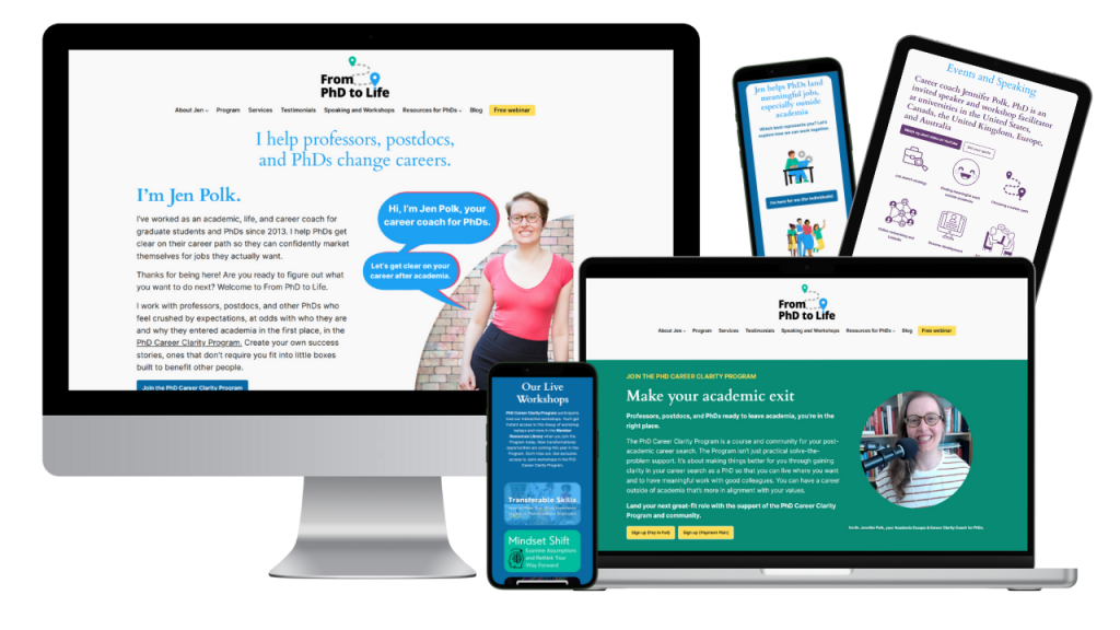 From PhD to Life from Jennifer Polk website on Desktop, laptop, mobile, and tablet screens