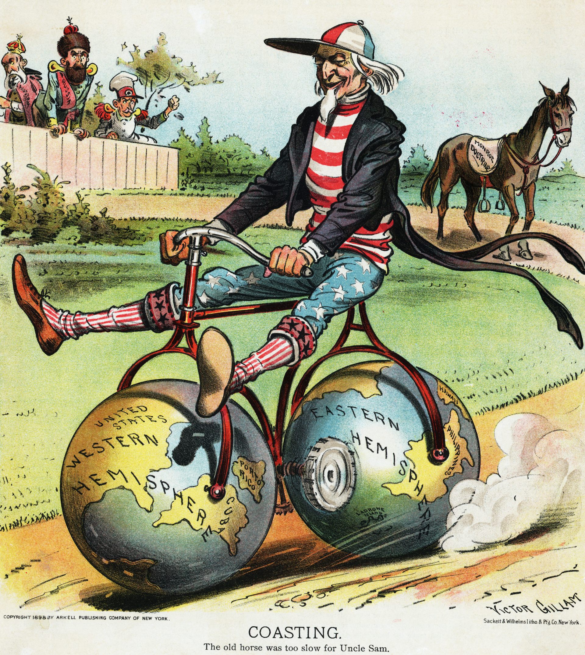 A cartoon shows a man wearing a red and white shirt, blue pants with stars and a hat riding a bicycle that has two globes for wheels down a dirt path with a horse behind it.