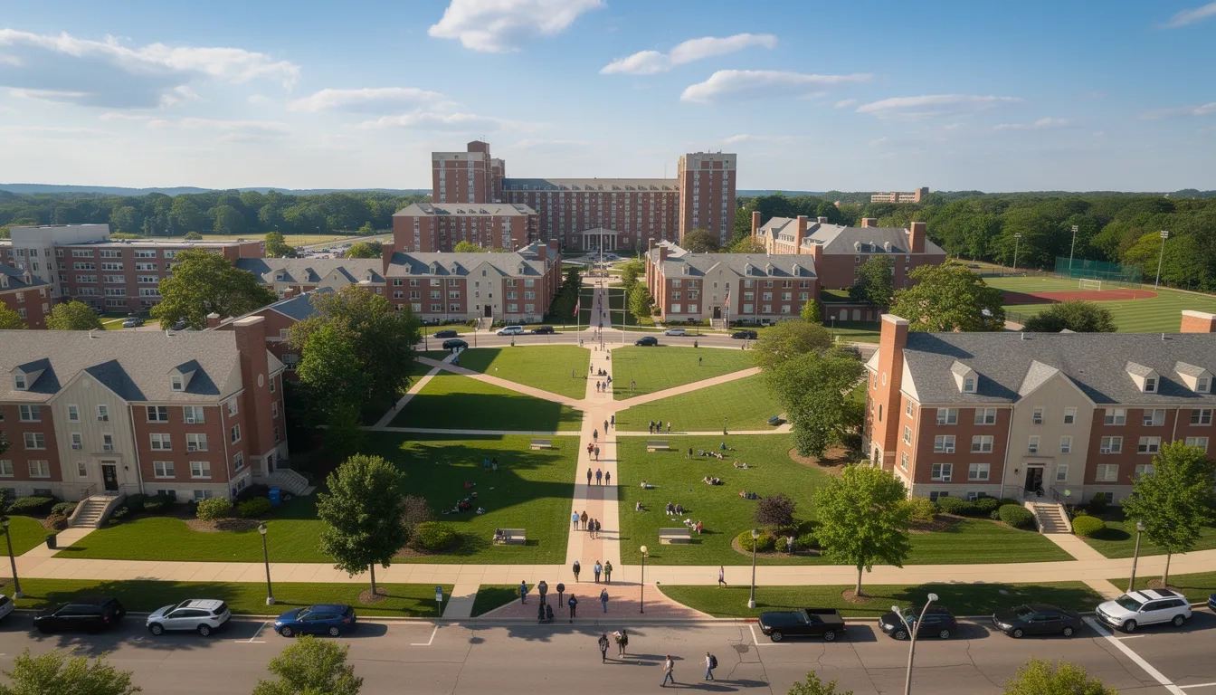 Aerial view of a university campus with dormitory buildings and students