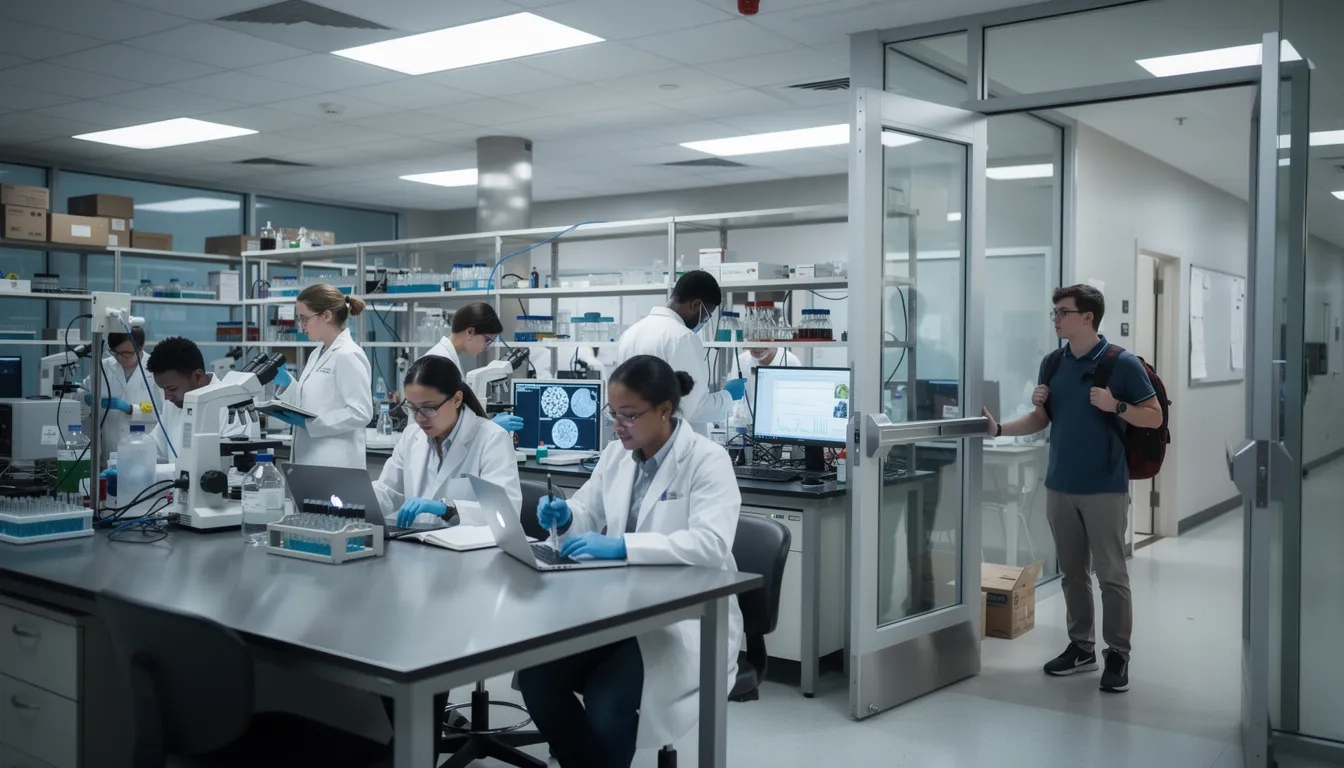 Undergraduate student looking into a busy university research lab occupied by graduate students