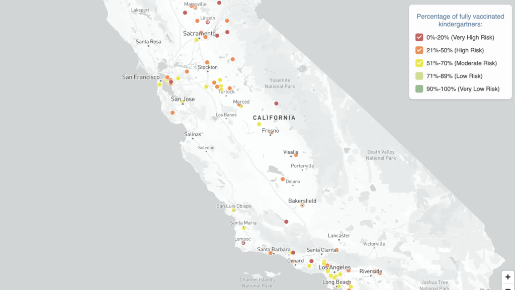 Map: MMR and full vaccination rates in California kindergartners