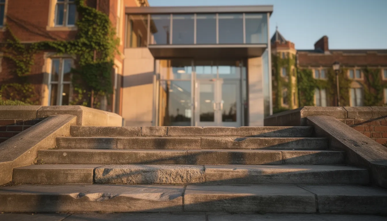 Sunlit staircase leading up to a university building, symbolizing a path forward after academic setbacks