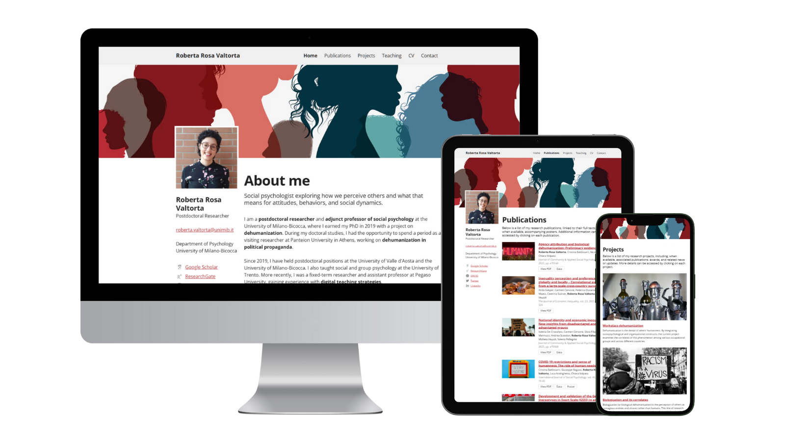 Dr. Roberta Rosa Valtorta Website on Desktop (homepage), Tablet (Publications page), and Mobile (Projects page) screens