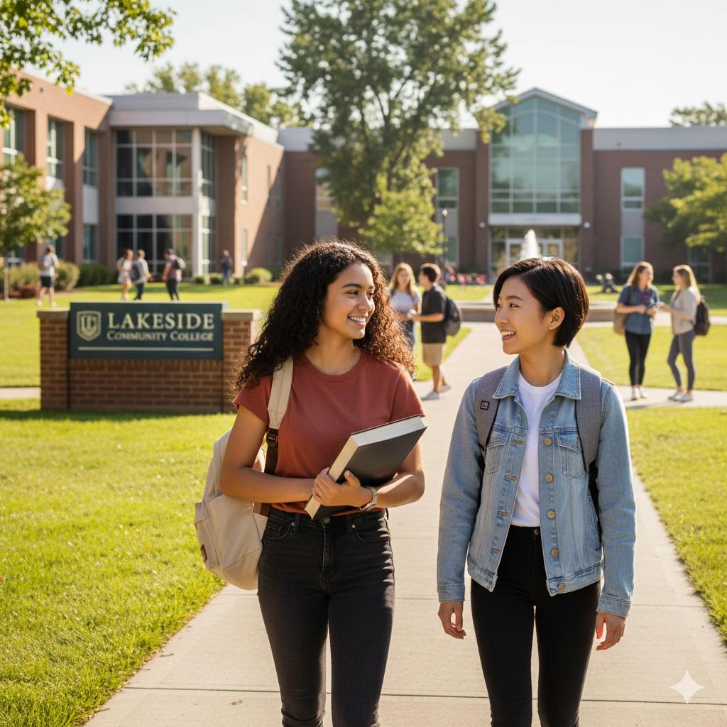 students walking on community college campus