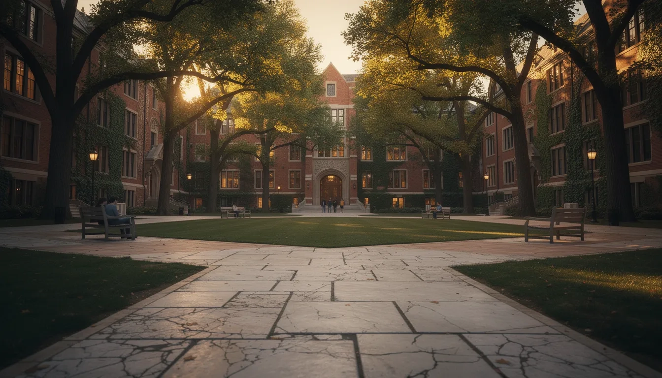 A tree-lined college campus quadrangle at golden hour, symbolizing the search for the right college size