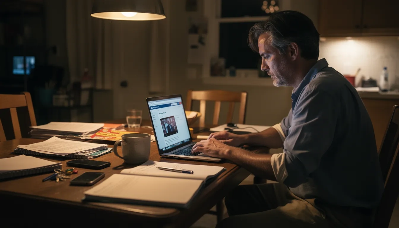 Adult student studying at home in the evening with a laptop open to an online course