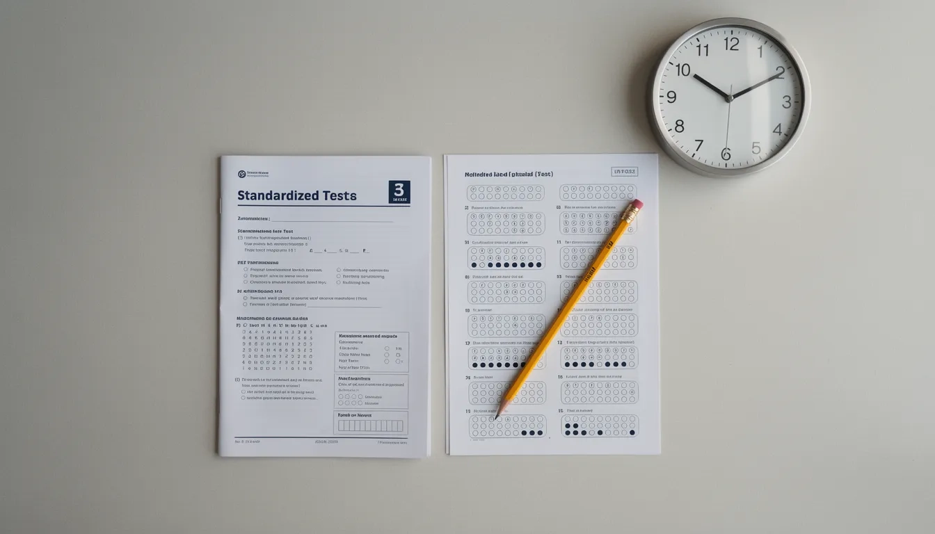 AP exam booklet and answer sheet with pencil and clock on a desk