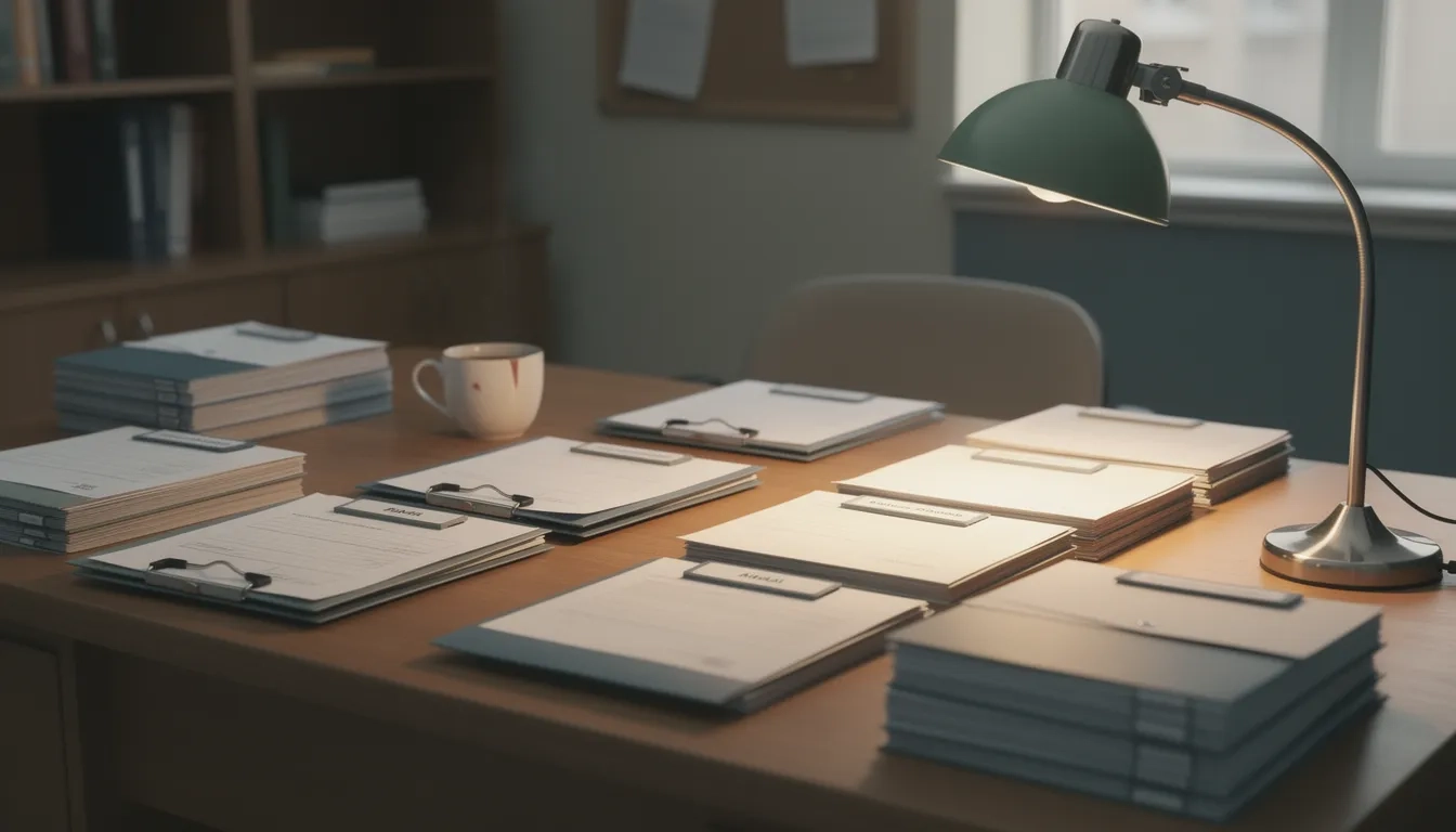 Admissions officer reviewing a stack of college application folders at a desk
