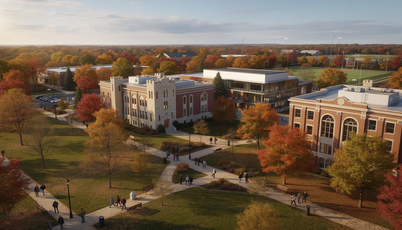 Aerial view of a Michigan college campus in fall