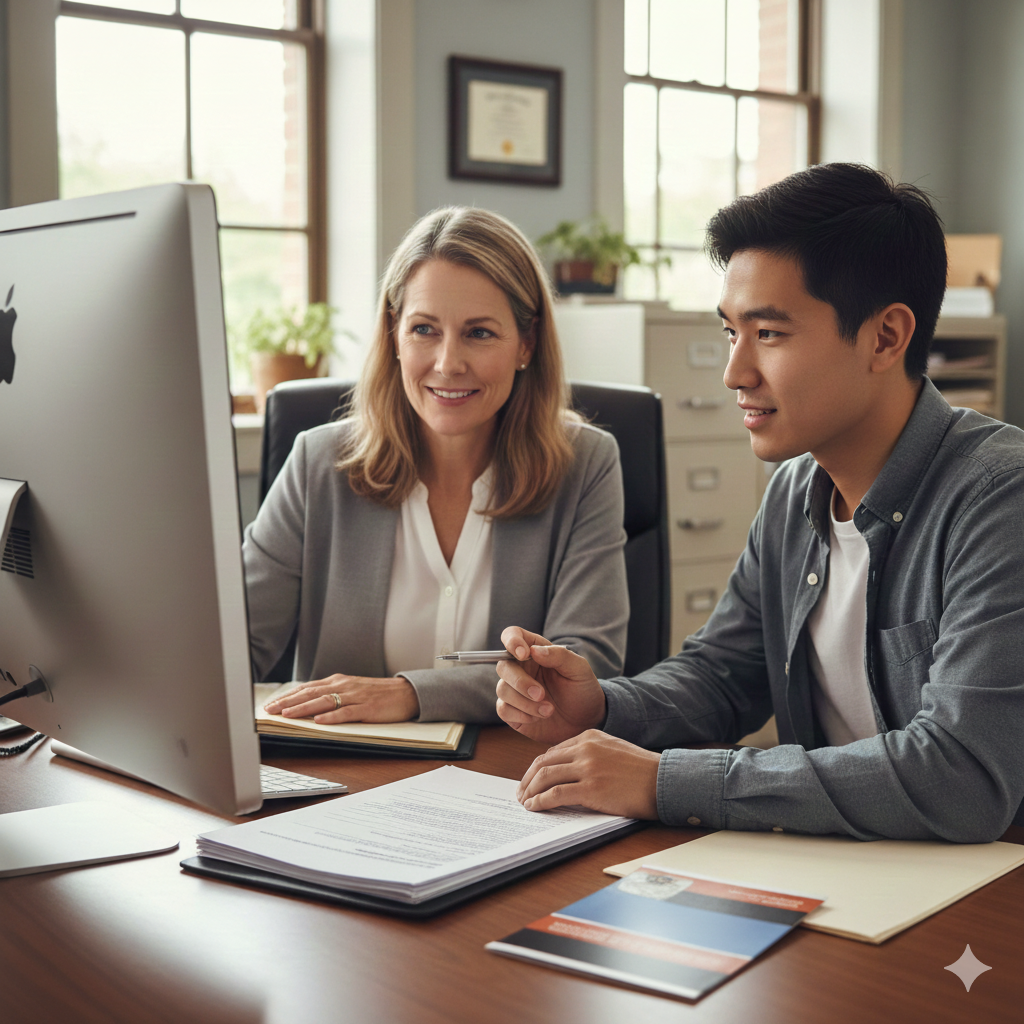 student meeting with financial aid counselor