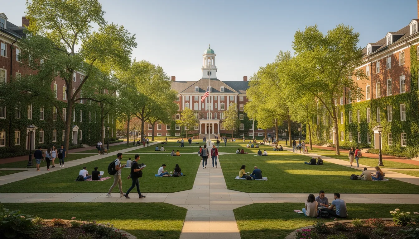 Students walking across a university campus quad surrounded by historic brick buildings