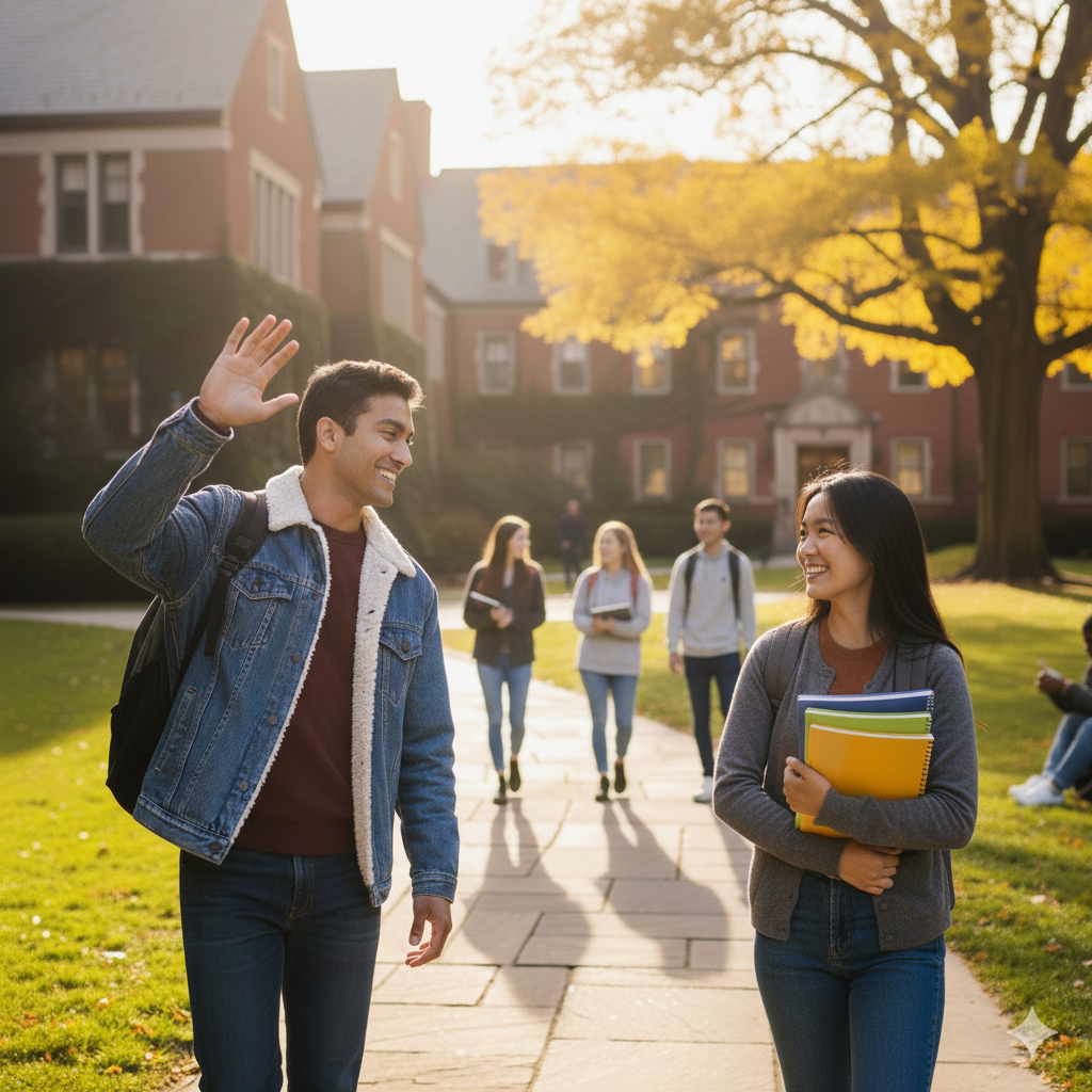 Students passing and waving on campus