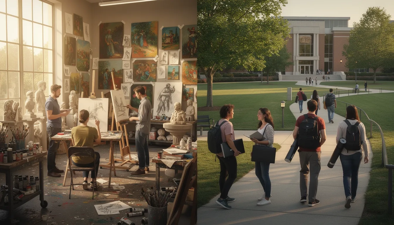 Split view of a dedicated art school studio versus a university campus setting
