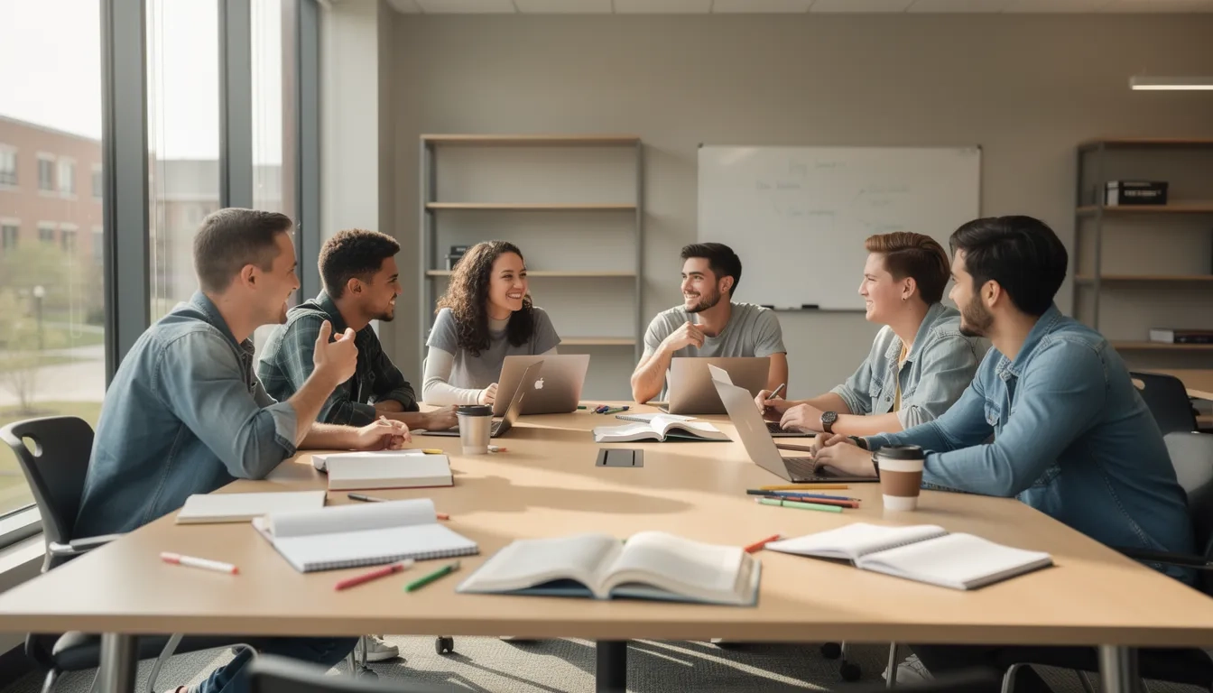 Diverse group of college students sitting in a circle in a campus study room, books and laptops open, engaged in discussion