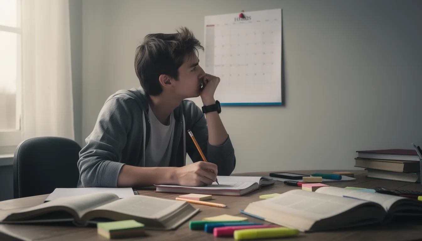 Student staring at a blank study calendar on a wall