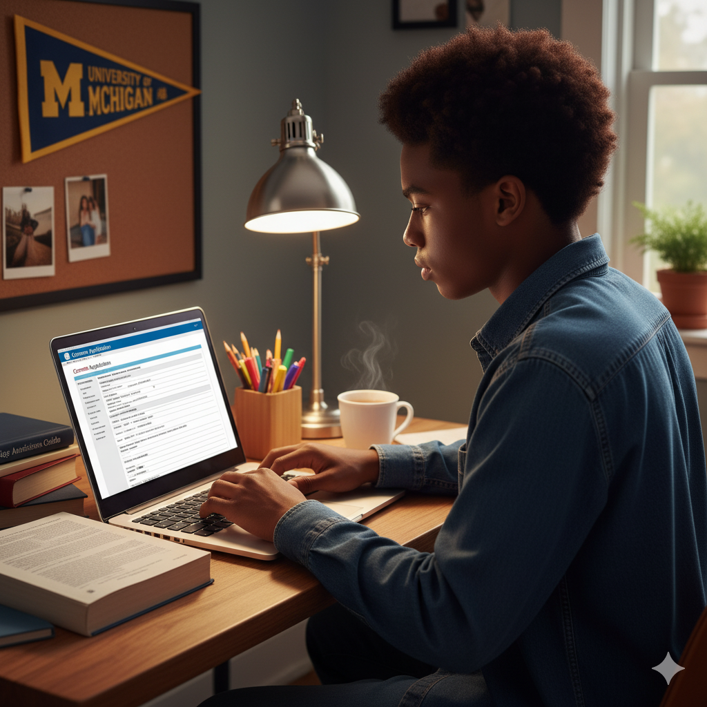 Student completing college applications