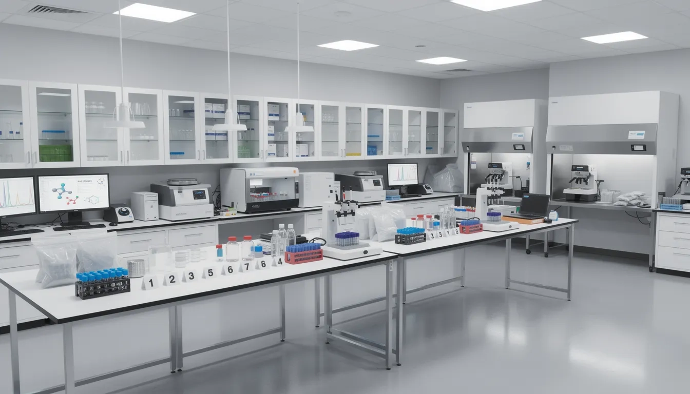 Modern forensic science laboratory with DNA analysis equipment and evidence processing stations