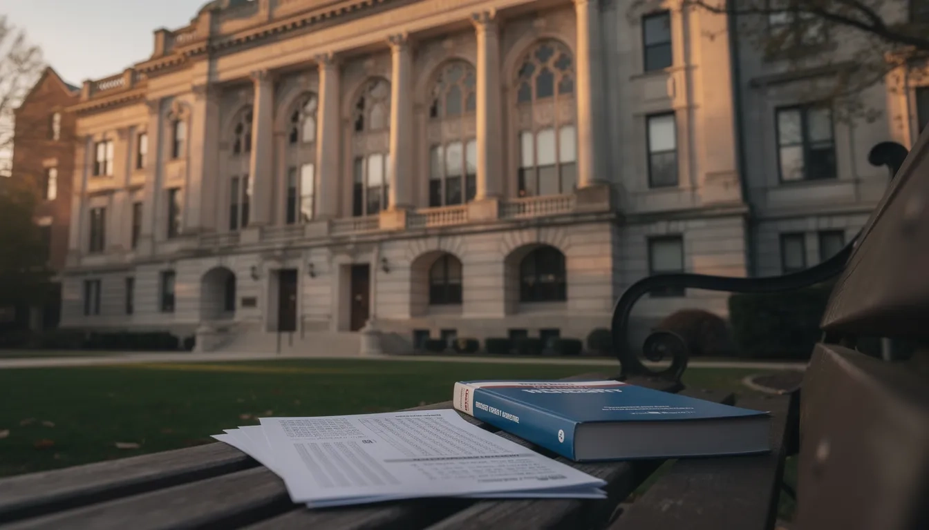 University administration building at golden hour with blank test papers in foreground