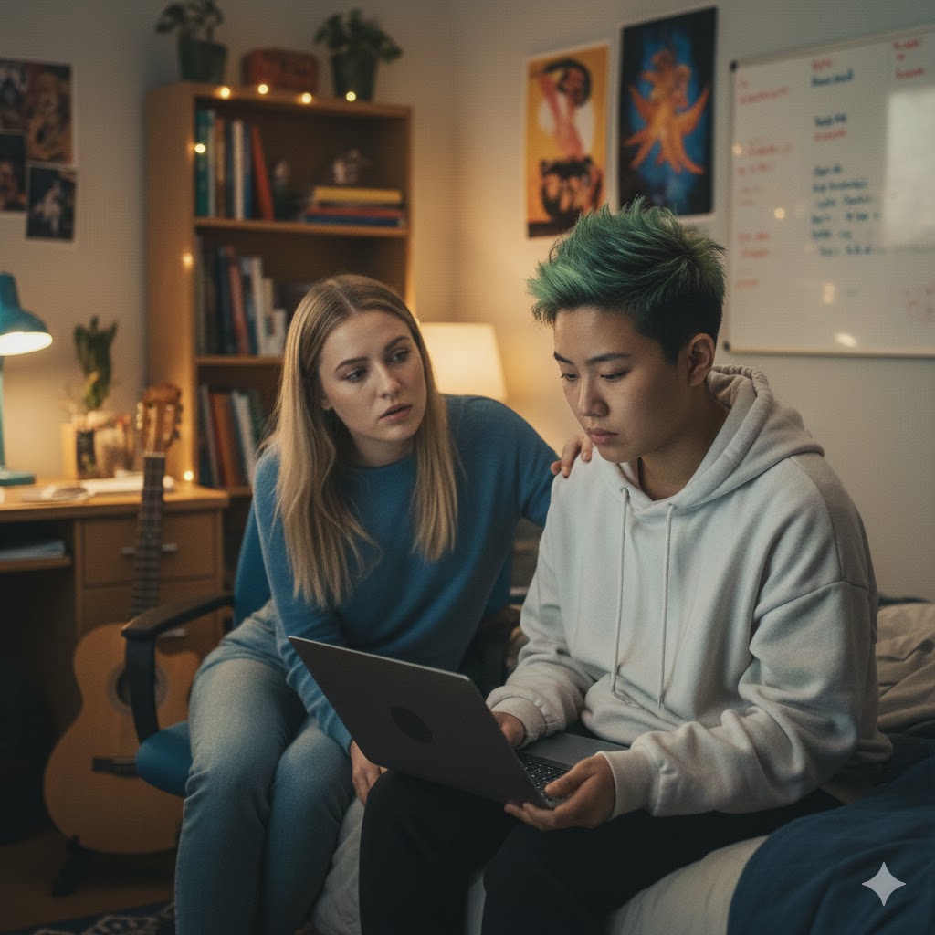 student gets declined from a college, talking to friend