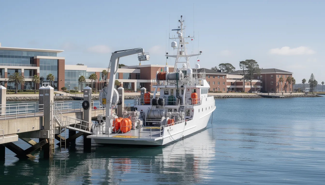 Oceanography research vessel at a university marine laboratory pier