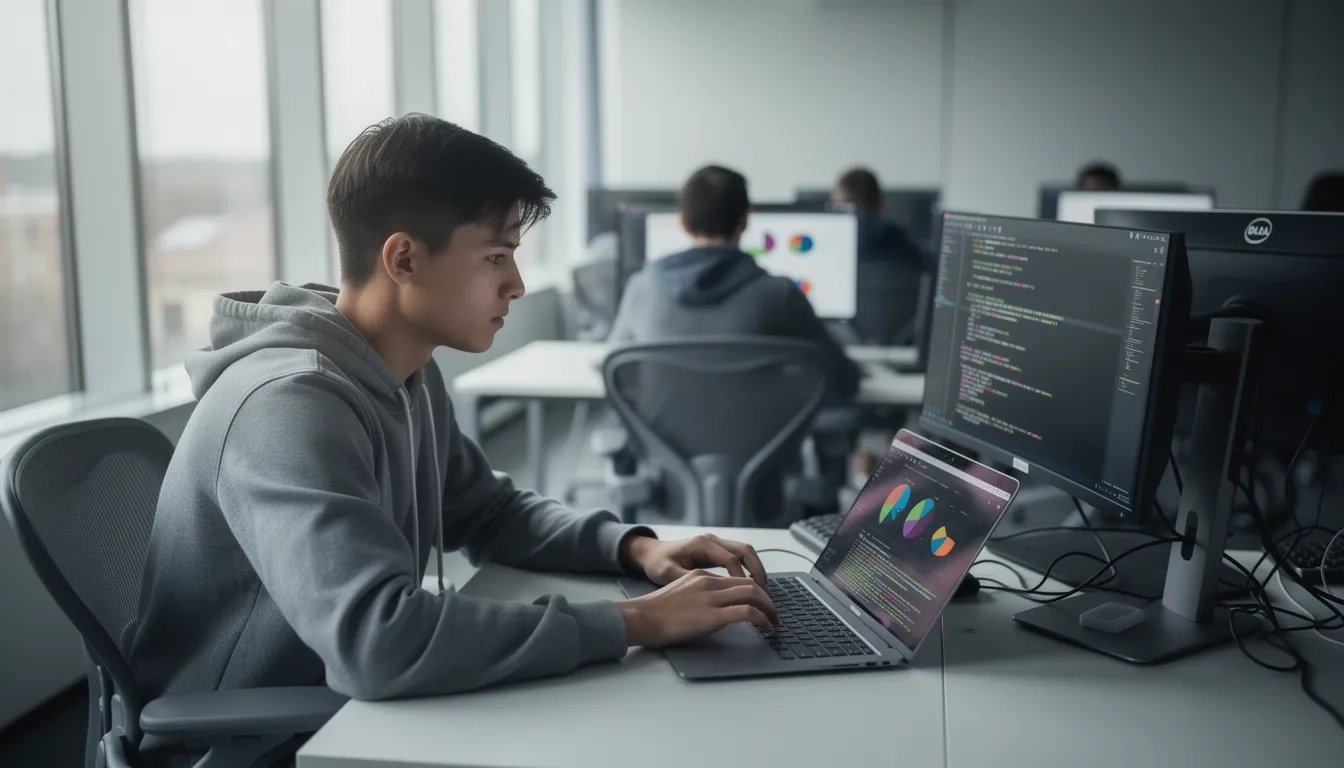 Data science student analyzing visualizations on a laptop