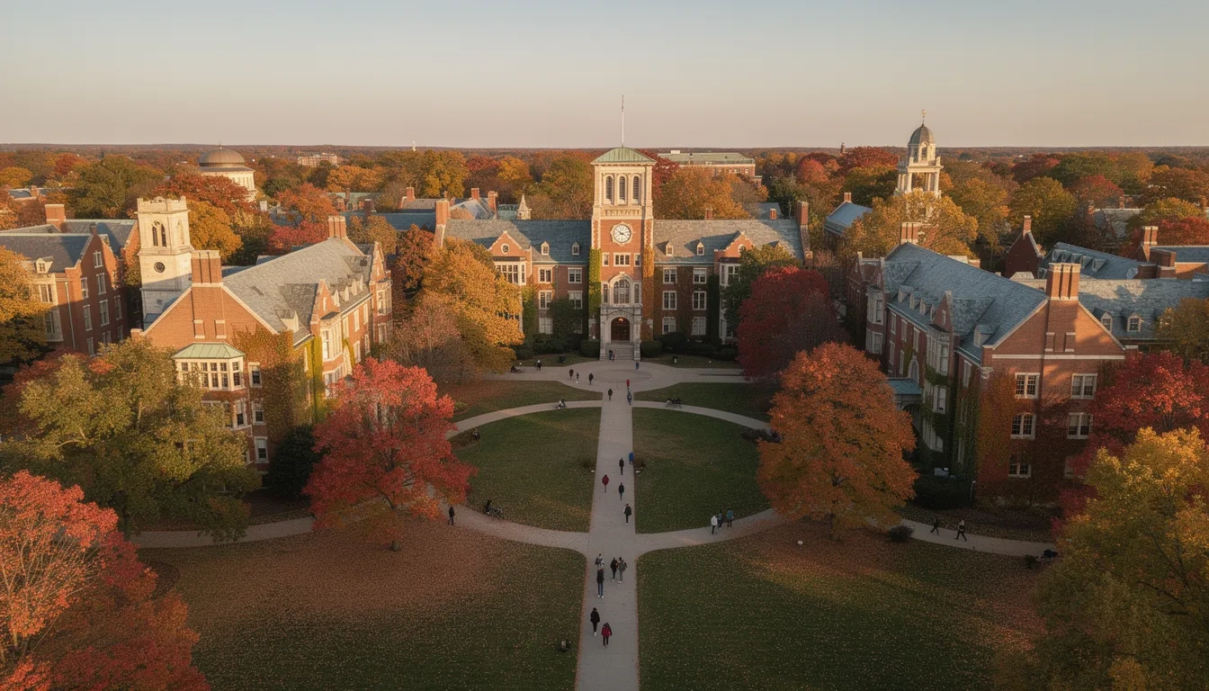 Aerial view of a prestigious university campus in autumn